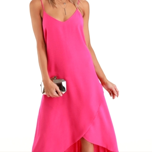 Lulu's Women's Crepe Fuchsia Pink Barbiecore V-neck Midi Dress size XS - Picture 1 of 11